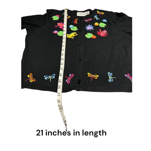 Emma Tricot Womens Black Cardigan Frog & Dragonfly Embroidery Size M 100% Cotton - Picture 5 of 5